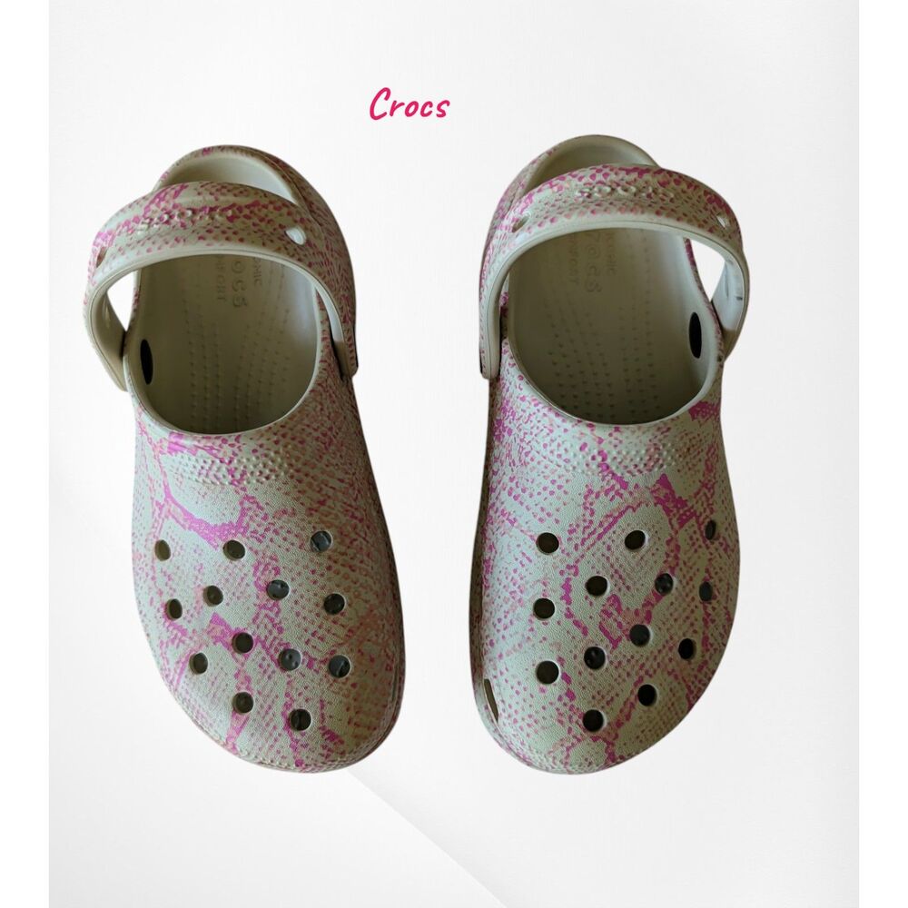 Crocs Classic Platform W5 Pink Cream Snake Print Slip On Comfort Shoes